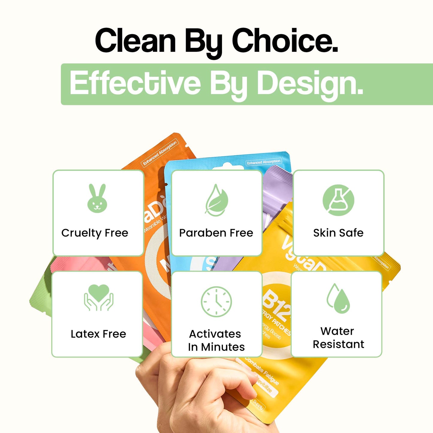 VytaDose patches highlighting clean design: cruelty free, paraben free, skin safe, water resistant