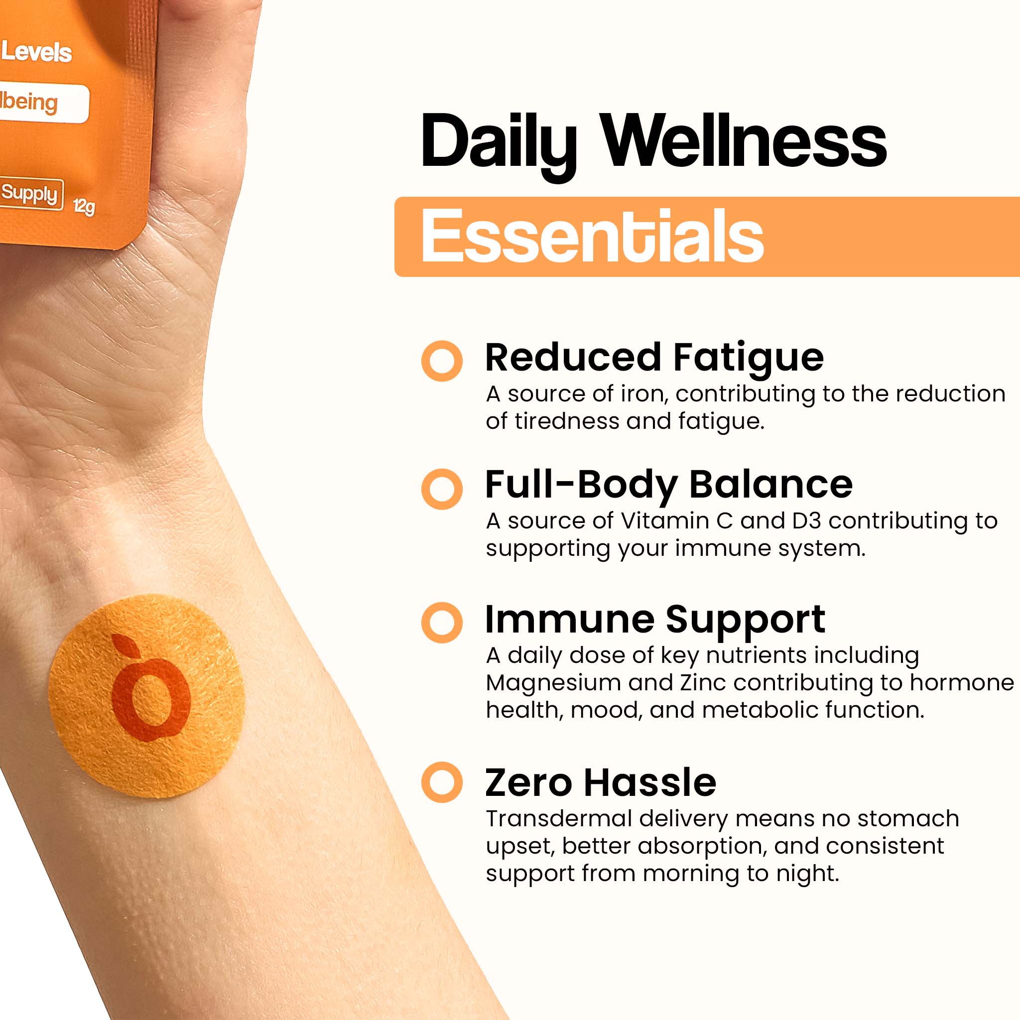 A person's arm with a patch, next to a list of the patch's benefits.